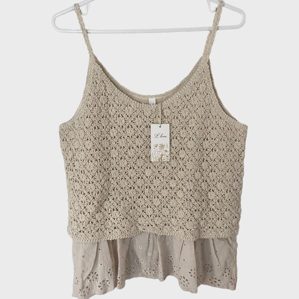 L Love Boho Crochet Tank Top Womens Size Medium Tan Beige Cotton Floral Knit New